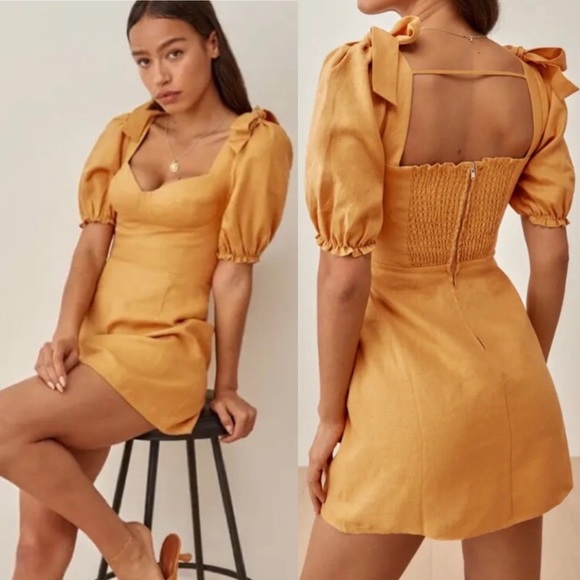 Reformation | 100% Linen Puff Sleeve Bow Tie Mustard Yellow Mini Dress Sz: 6 - Picture 1 of 9